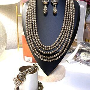 Elegant Multi-Strand Simulated Pearl and Crystal Beaded Necklace Set